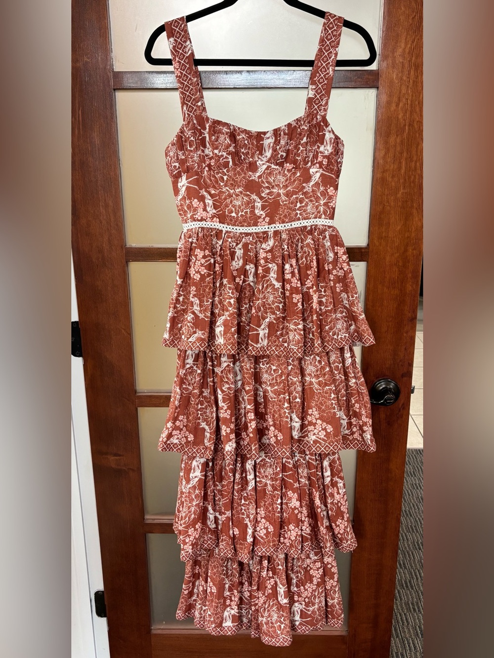 Tiered Floral Maxi Dress in Rust with Lace Waist